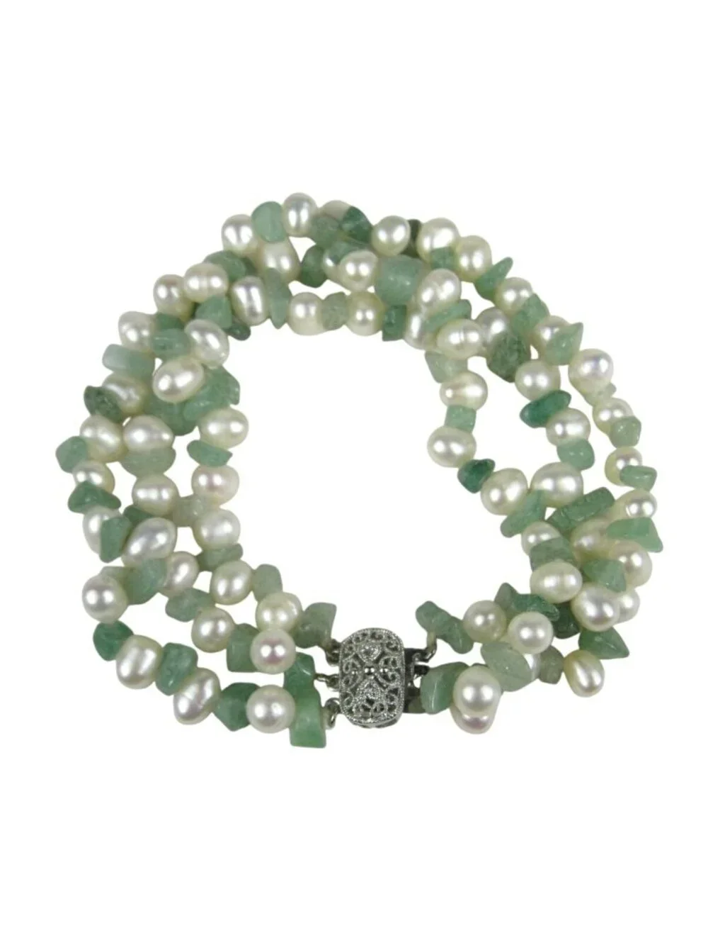 Vintage Multi Strand Jade Chip Freshwater Pearl Beaded Bracelet Silver Tone Box